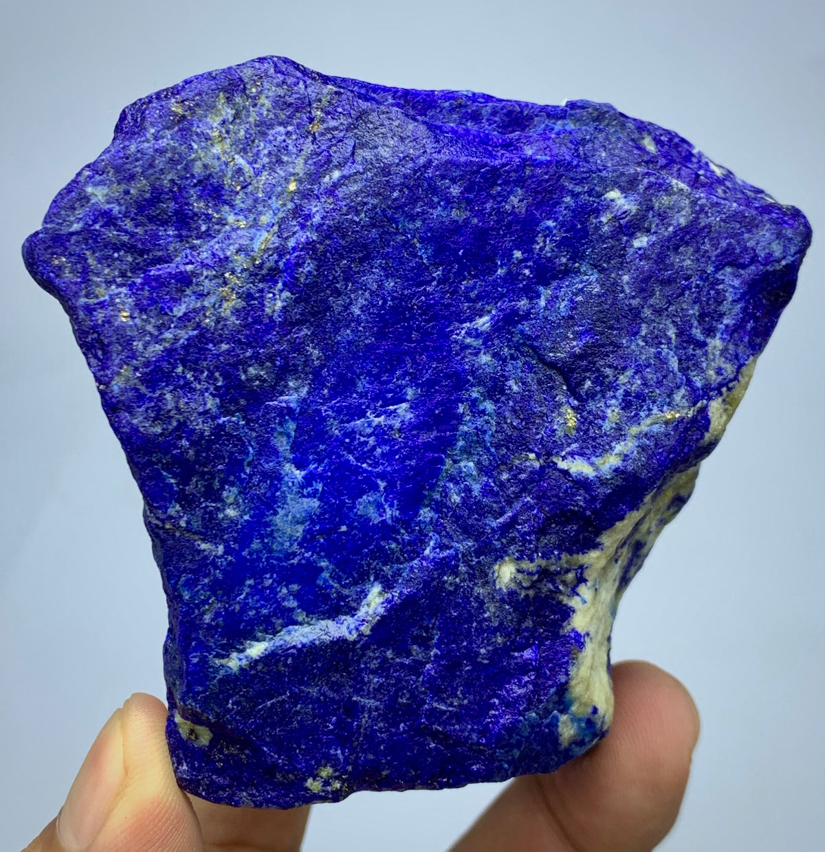483g raw Lapis Lazuli specimen with Pyrite veins
Lapis Lazuli rough specimen, front angle, deep blue color