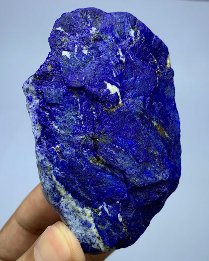 A raw, rough Lapis Lazuli crystal held by a hand against a light gray background. The stone features deep blue and purple bands with natural white and gold veining.