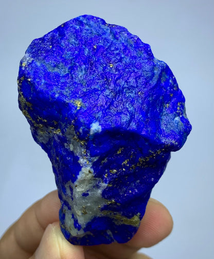 A raw, rough blue lapis lazuli crystal specimen with gold pyrite and white calcite inclusions, held by a hand against a light gray background.