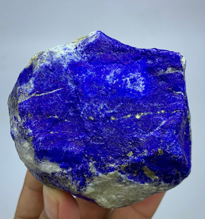 A raw blue lapis lazuli crystal specimen with prominent gold pyrite veins and a white calcite matrix, held by a hand against a neutral light gray background.