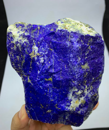 A raw lapis lazuli crystal specimen with deep blue and white marbled patterns and gold pyrite veins, held in a hand against a white and black background.