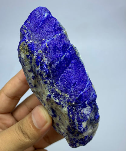 A hand holding a raw lapis lazuli crystal specimen with deep blue-violet matrix and small gold pyrite inclusions against a plain light gray background.
