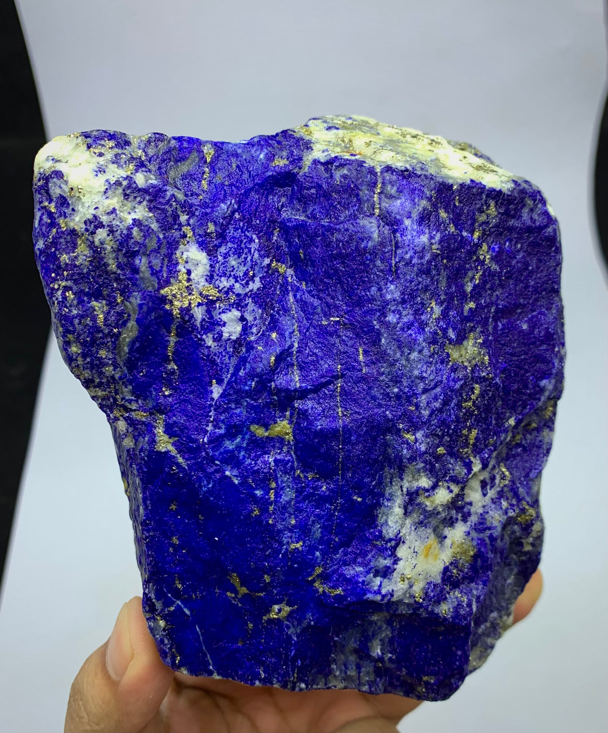 A raw, rough Lapis Lazuli crystal specimen held in a hand, showcasing its deep blue-violet matrix with prominent golden pyrite veins and white calcite inclusions.