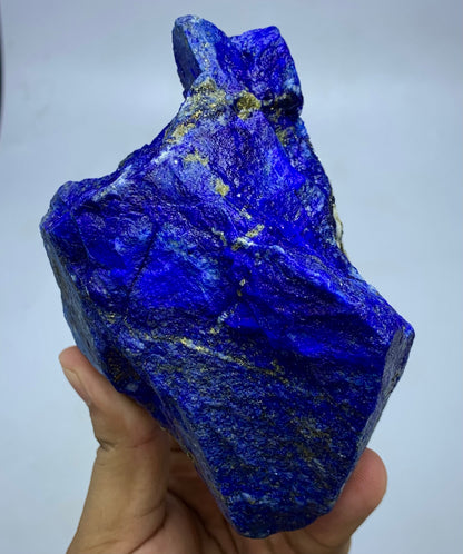 A raw, rough-cut blue lapis lazuli crystal specimen with prominent metallic gold pyrite veins, held in a person's hand against a plain light gray background.