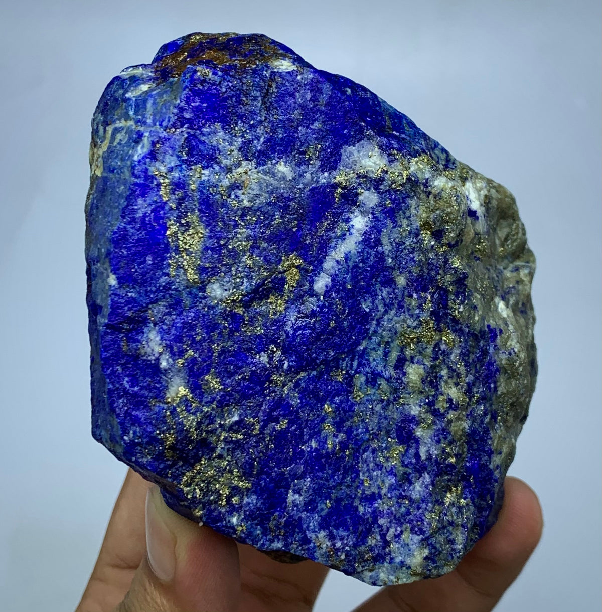 A hand holding a raw, rough lapis lazuli crystal with deep blue coloration and metallic gold pyrite inclusions, set against a plain light gray background.