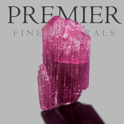 A bright pink-purple mineral crystal cluster centered on a light gray background, with the text 'PREMIER FINE GEMSTALS' above it.