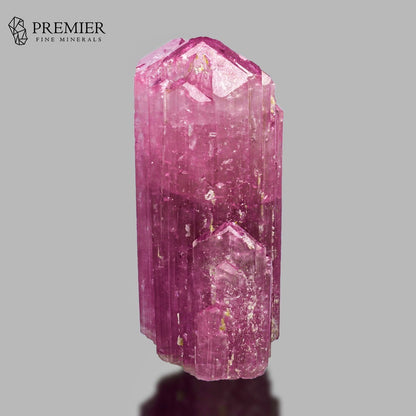 A pink tourmaline crystal point with natural inclusions, displayed on a neutral gray background with a reflection below. The 'PREMIER FINE MINERALS' logo is visible in the top-left corner.