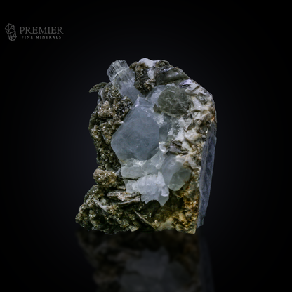 Beautiful 156 Gram (780 ct) Aquamarine crystal cluster on a shimmering Muscovite Mica matrix (66 x 47 x 37 mm) from Pakistan. Features exceptional blue-on-silver contrast.