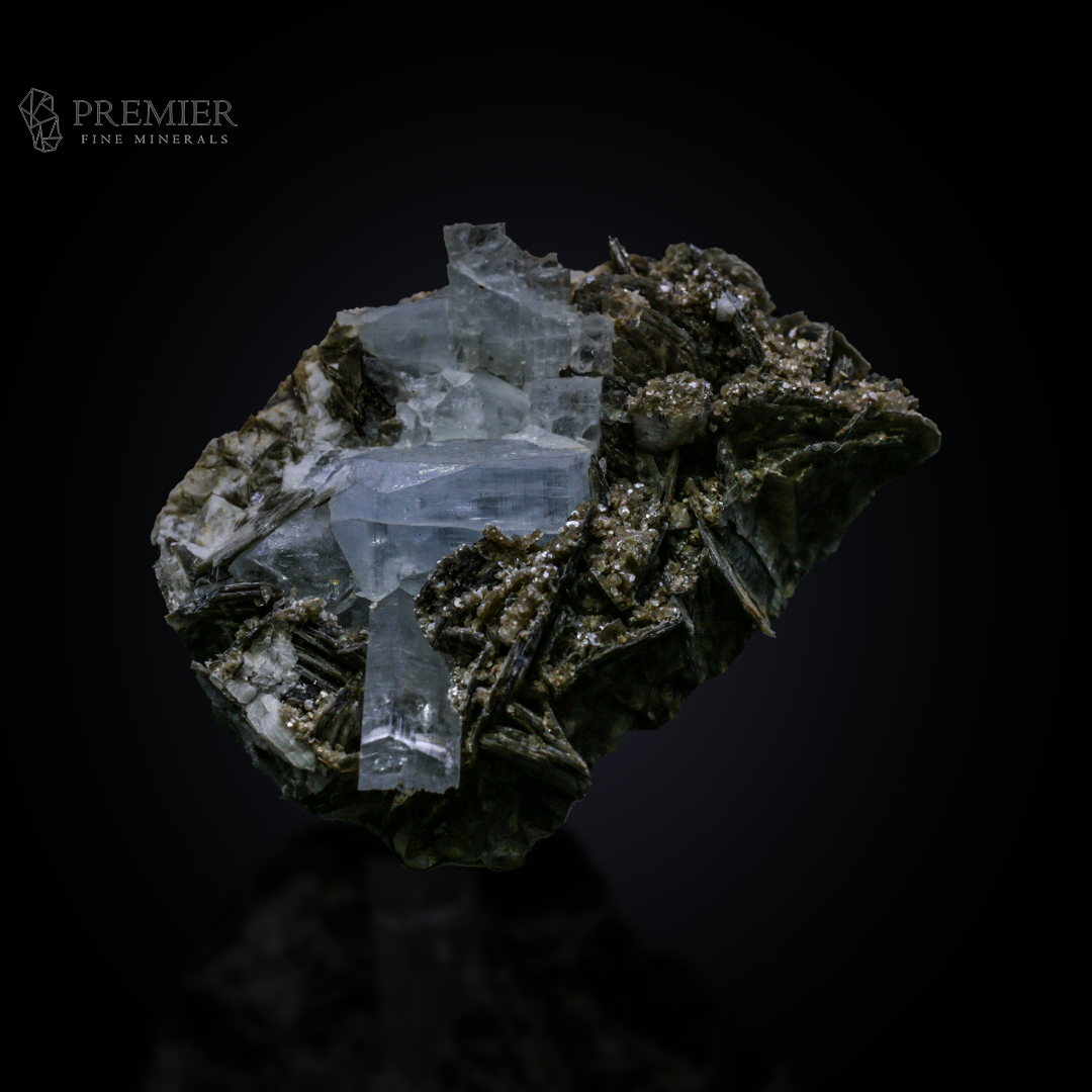 Beautiful 156 Gram (780 ct) Aquamarine crystal cluster on a shimmering Muscovite Mica matrix (66 x 47 x 37 mm) from Pakistan. Features exceptional blue-on-silver contrast.