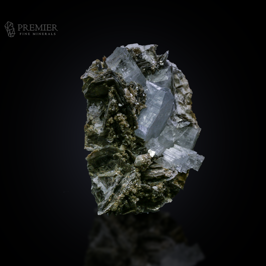 Beautiful 156 Gram (780 ct) Aquamarine crystal cluster on a shimmering Muscovite Mica matrix (66 x 47 x 37 mm) from Pakistan. Features exceptional blue-on-silver contrast.