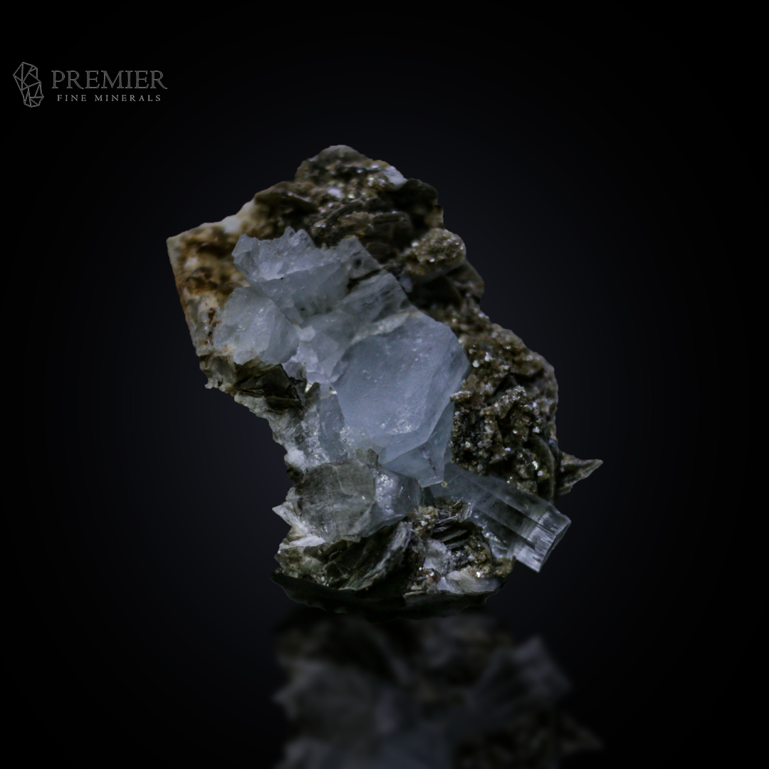 Beautiful 156 Gram (780 ct) Aquamarine crystal cluster on a shimmering Muscovite Mica matrix (66 x 47 x 37 mm) from Pakistan. Features exceptional blue-on-silver contrast.