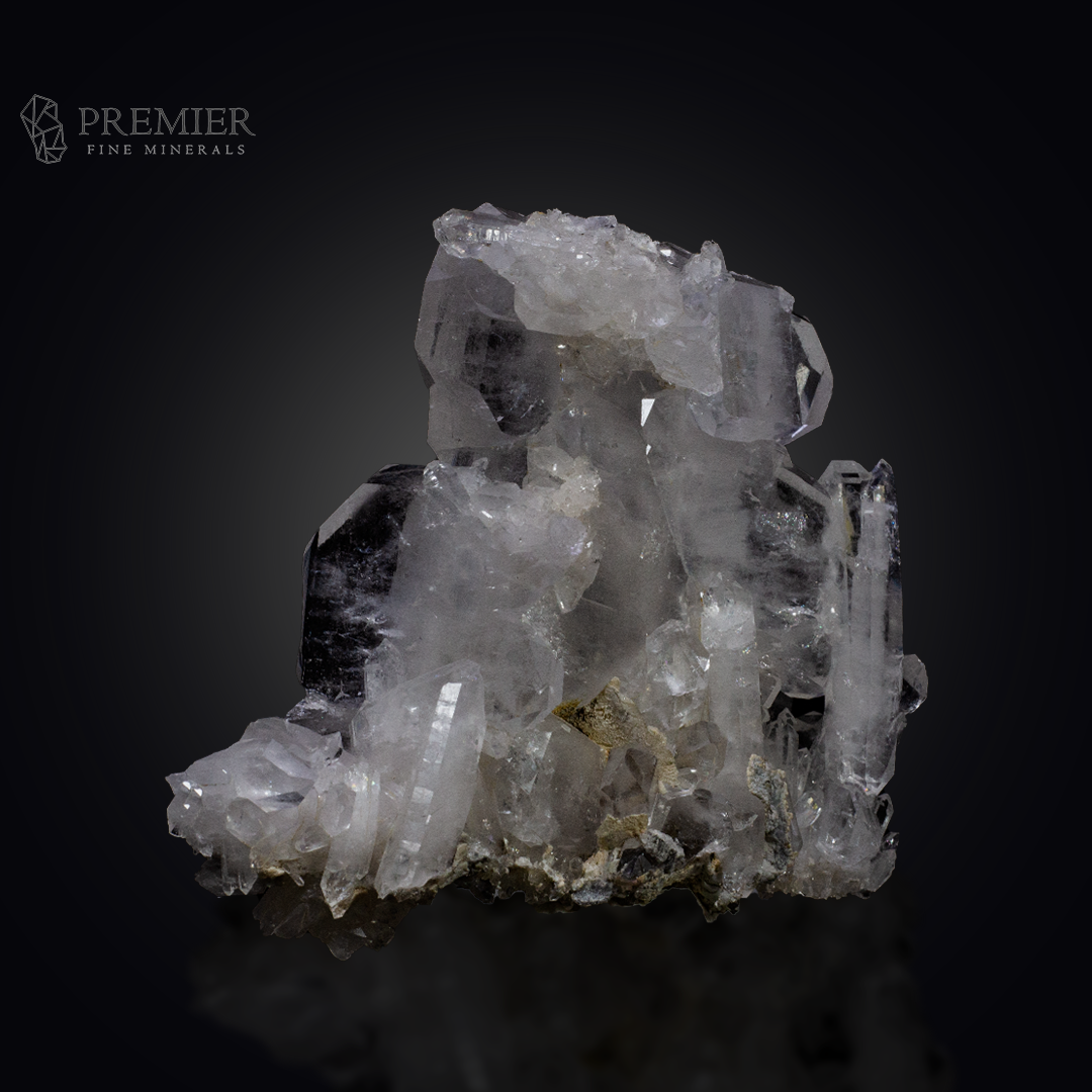 Large 212 Gram (1060 ct) Tabular Faden Quartz crystal cluster with Calcite (8.8 x 9.1 x 4.0 cm) from Pakistan. Features the rare Faden thread and a complex mineral association.