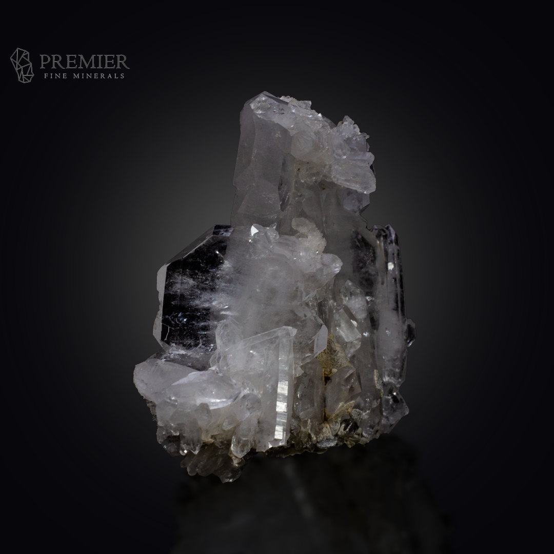 Large 212 Gram (1060 ct) Tabular Faden Quartz crystal cluster with Calcite (8.8 x 9.1 x 4.0 cm) from Pakistan. Features the rare Faden thread and a complex mineral association.