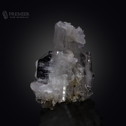 Large 212 Gram (1060 ct) Tabular Faden Quartz crystal cluster with Calcite (8.8 x 9.1 x 4.0 cm) from Pakistan. Features the rare Faden thread and a complex mineral association.