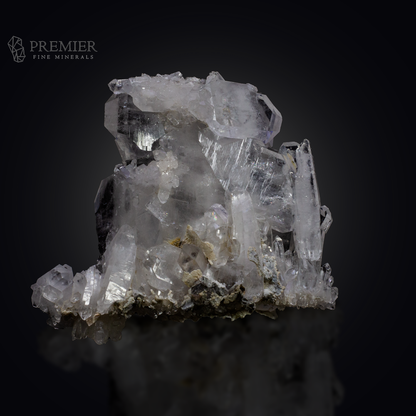 Large 212 Gram (1060 ct) Tabular Faden Quartz crystal cluster with Calcite (8.8 x 9.1 x 4.0 cm) from Pakistan. Features the rare Faden thread and a complex mineral association.