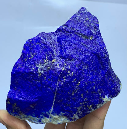 A raw, rough Lapis Lazuli crystal held in a hand against a light blue background. The crystal is characterized by its vibrant deep blue color and scattered metallic gold pyrite inclusions.
