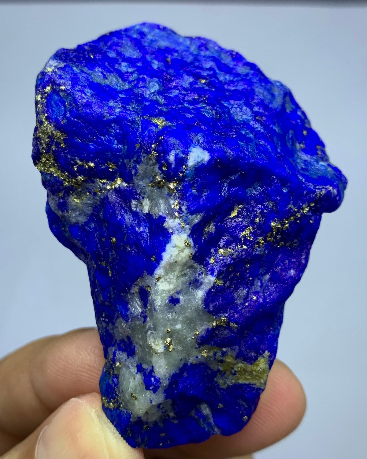 A raw, rough-cut blue lapis lazuli crystal specimen held in a person's hand, showing deep cobalt blue with white veins and metallic gold pyrite inclusions against a light gray background.