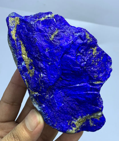 A hand holding a raw, rough-cut lapis lazuli crystal specimen showing deep blue coloration with metallic gold veins, set against a plain light background.