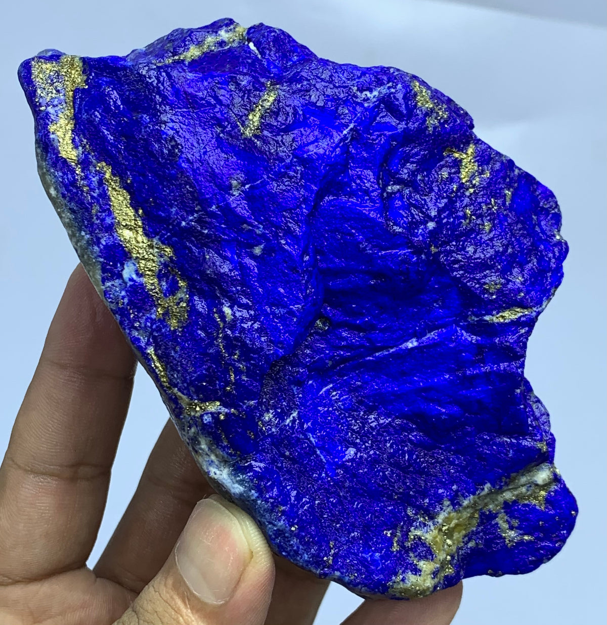 A hand holding a raw lapis lazuli crystal specimen, showing its deep blue color with metallic gold pyrite veins and a rough, natural texture.