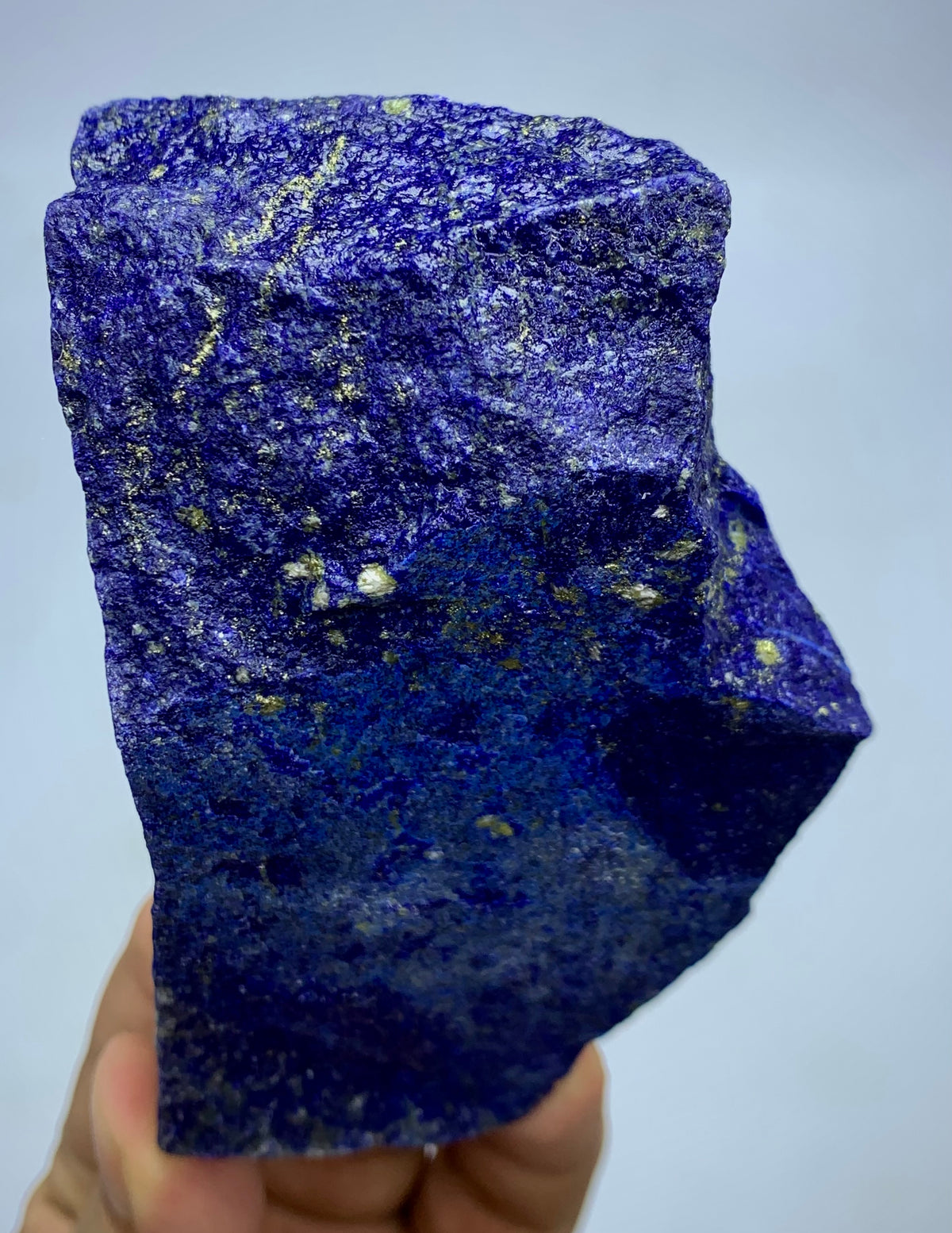 A raw, rough-cut piece of lapis lazuli crystal held in a hand against a light gray background. The stone is a deep, rich blue with scattered metallic gold pyrite inclusions.
Afghan Lapis Lazuli, natural unpolished surface detail
Lapis Lazuli specimen displayed against neutral background