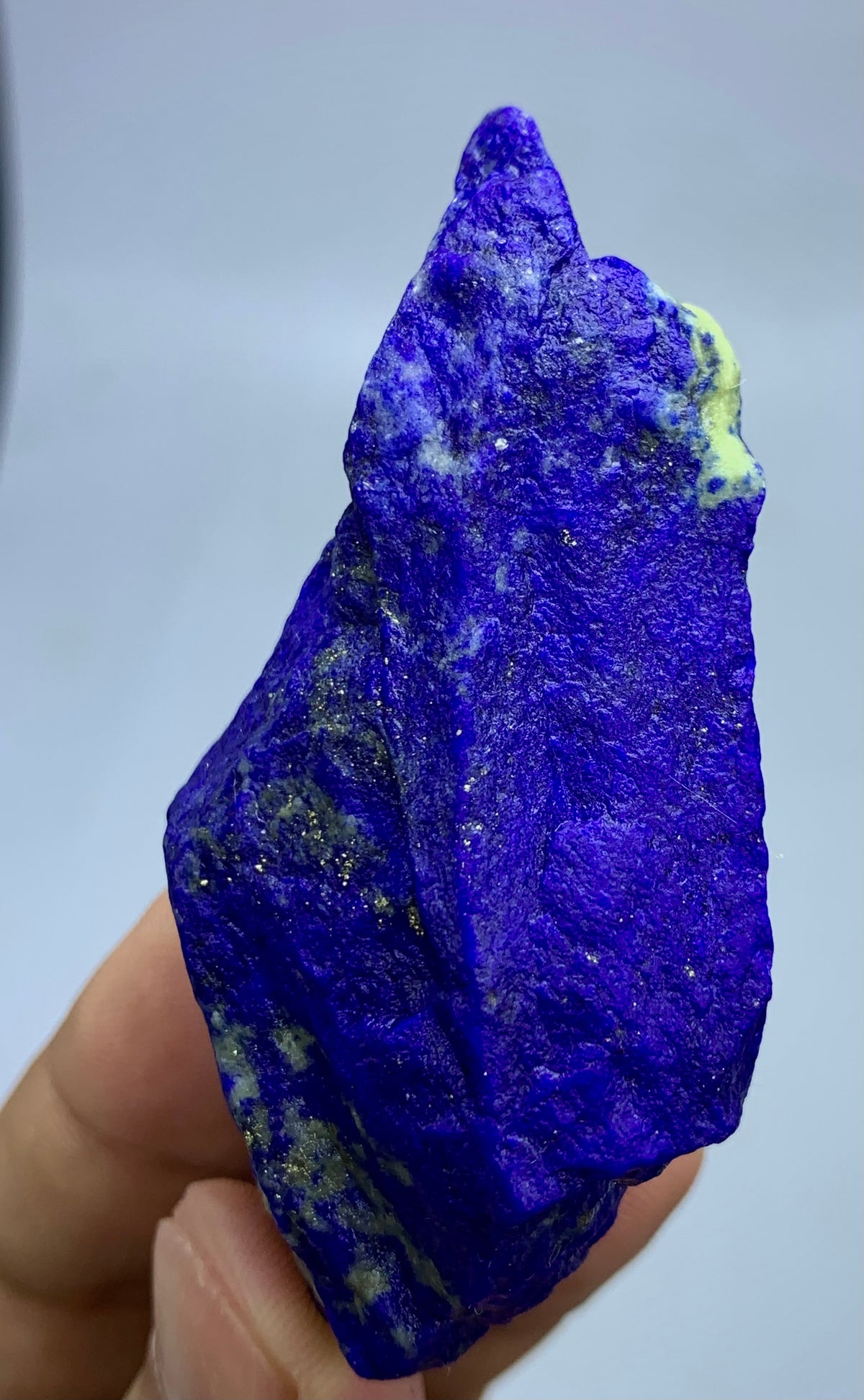 A hand holding a rough, unpolished lapis lazuli crystal with deep blue and purple tones, dark veins, and small golden flecks, against a plain light gray background.